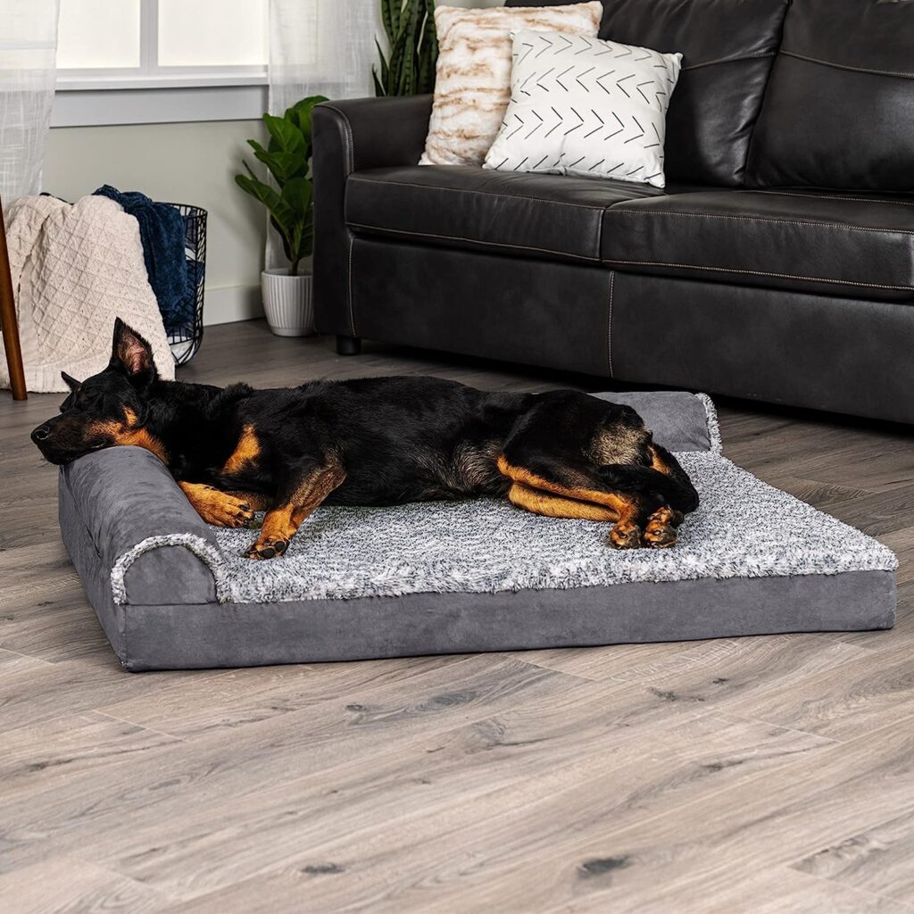 Furhaven Orthopedic Dog Bed for Large Dogs w/ Removable Bolsters Washable Cover, For Dogs Up to 95 lbs - Two-Tone Plush Faux Fur Suede L Shaped Chaise - Stone Gray, Jumbo/XL